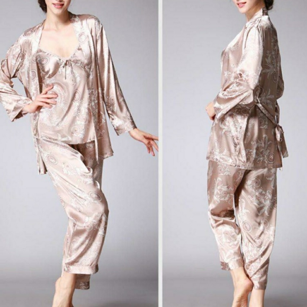 Tan 3 Pcs. Robe and Pajama Set